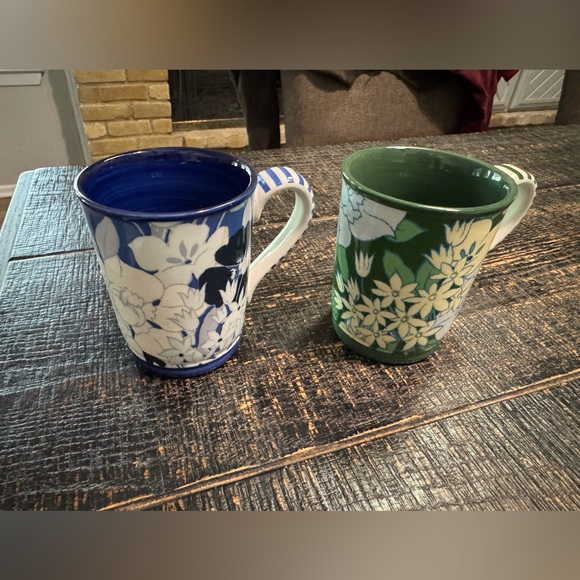 Anthropologie Other - Anthropologie Floral Blue and Green Ceramic Mugs, 2pcs